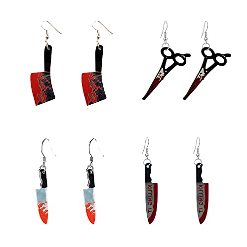 4 Pairs Punk Knife Dagger Drop Dangle Earring Set Gothic Acrylic Blood Printed Knife Earring for Women Girl Teen Hip Hop Halloween Party Jewelry (A)