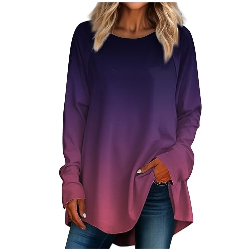 HPJKLYTR Todays Daily Deals, Today Deals Women's Work Tops Striped Long Sleeve Shirt Women,Women's Casual Plus Sizelong Sleeved O-Neck Gradient Printing T-Shirt Top(3-Dark Purple,3XL)