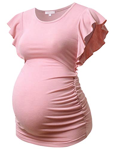 Bhome Maternity Tops Flying Shorts Sleeve Tshirt Side Ruched Pregnant Blouse Casual Tunic Lotus Pink L