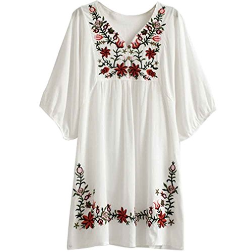 Kafeimali Summer Dress V Neck Mexican Embroidered Peasant Women's Dressy Tops Blouses (White)