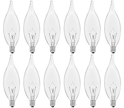 CYLYT 12-Pack E12 Incandescent Candle Light Bulbs 40W Warm White 2500K, 380 Lumen Dimmable Chandelier Light Bulbs for Ceiling Fan, Pendants or Outdoor, CA10 Clear Candelabra Base Bulbs