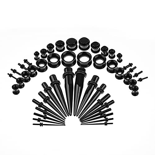 Memsion Ear Stretching Kit 50 Pieces Earrings 14Gauges-00Gauges Earrings Acrylic Tapers Plugs Silicone Tunnels Ear Gauges Expander Set Body Piercing kit Piercing Jewelry Black Color