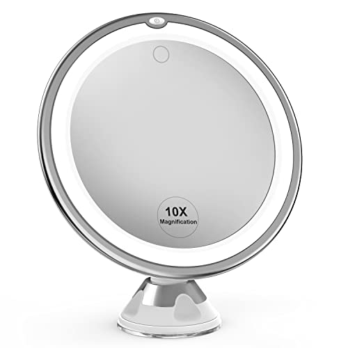 Venigo Upgraded 10x Magnifying Lighted Makeup Mirror with Touch Control, Powerful Locking Suction Cup, and 360 Degree Rotating Arm, Magnifying Mirror with Lights for Home, Bathroom Vanity and Travel