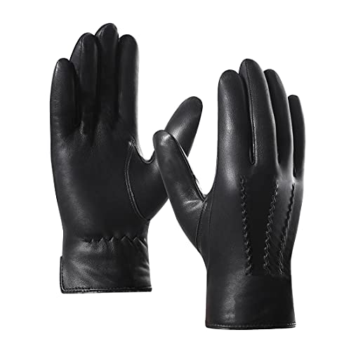 Harssidanzar Leather Gloves for Men,Winter Sheepskin Driving Riding Gloves Cashmere Lined,Black, L