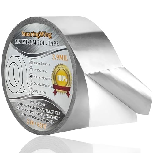 Duct Tape Heavy Duty Waterproof, Premium Aluminum Foil Tape (2'*65Feet,3.9mil), Silver Metal Patch & Seal Tape, High Temperature, Insulation Adhesive for Ductwork, Sealing, Sealant, HVAC, Dryer Vents