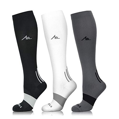 NEWZILL Medical Compression Socks for Women & Men Circulation 20-30 mmHg, Best for Running Athletic Hiking Travel Flight Nurses (3-Pairs, Black/White/Gray, XXL)