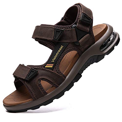 visionreast Mens Open Toe Leather Sandals Outdoor Hiking Non Slip Sandals Air Cushion Soprt Casual Beach Sandals
