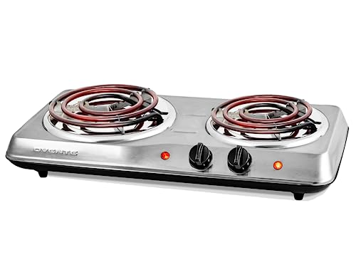 OVENTE Electric Countertop Double Burner, 1700W Cooktop with 6' and 5.75' Stainless Steel Coil Hot Plates, 5 Level Temperature Control, Indicator Lights and Easy to Clean Cooking Stove, Silver BGC102S