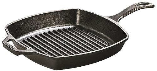 Lodge 10.5 Inch Pre-Seasoned Cast Iron Square Grill Pan - Signature Teardrop Handle & Assist Handle - Use Grill Pan in the Oven, on the Stove, on the Grill, or Over a Campfire - Black