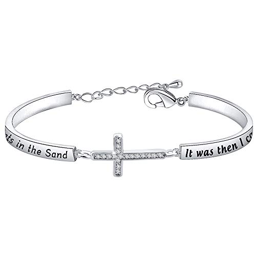 KUIYAI Footprints in The Sand Prayer Cross Bracelet Beautiful Poems Quote When You Saw Only One Set of Footprints It was Then That I Carried You Religious Jewelry Christian Gift (Silver Bracalet)