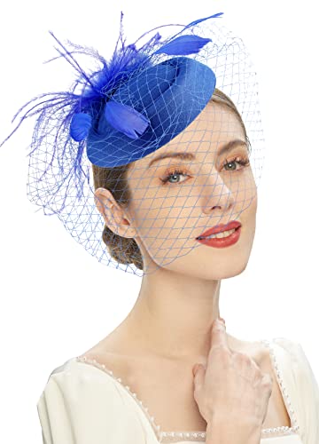 Cizoe Fascinators Hats 20s 50s Hat Pillbox Hat Cocktail Tea Party Headwear with Veil for Girls and Women(B-royal blue)