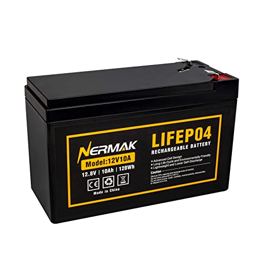 NERMAK 12V 10Ah Lithium LiFePO4 Deep Cycle Battery, 2000+ Cycles Rechargeable Battery for Solar/Wind Power, Small UPS, Lighting, Power Wheels, Fish Finder and More, Built-in 10A BMS
