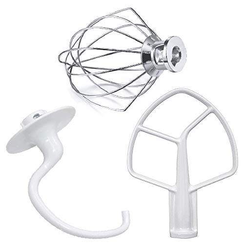 Kithnen aid Accessories including K5ADH Coated C-Dough Hook&K5AB Coated Flat Beater&K5AWW Wire Whip 3 Set Compatible for 5 QT Tilt-Head Aid Stand Mixer Attachments-Stainless Steel By Sikawai