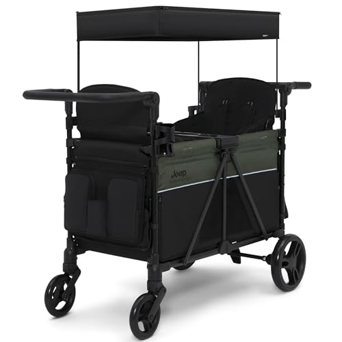 Jeep Aries Stroller Wagon by Delta Children - Premium Wagon for 2 Kids with Convertible Seats, Adjustable Push/Pull Handles, Removable Canopy & Flat Fold - Greenguard Gold Certified, Black/Green