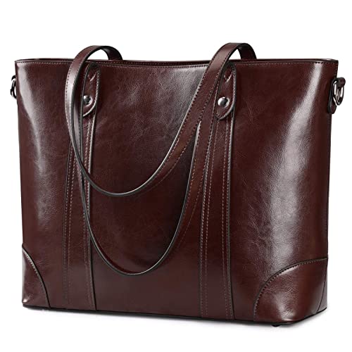 S-ZONE Leather Tote Bag for Women Office Shoulder Handbag 15.6 Inch Work Laptop Briefcase (Coffee)