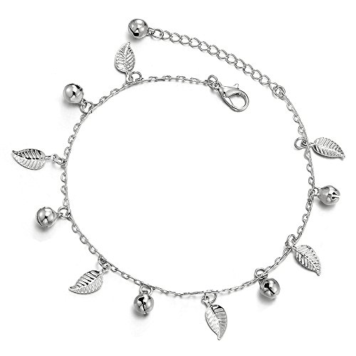 COOLSTEELANDBEYOND Unique Link Chain Anklet Bracelet with Dangling Charms of Leaves and Jingle Bells, Adjustable