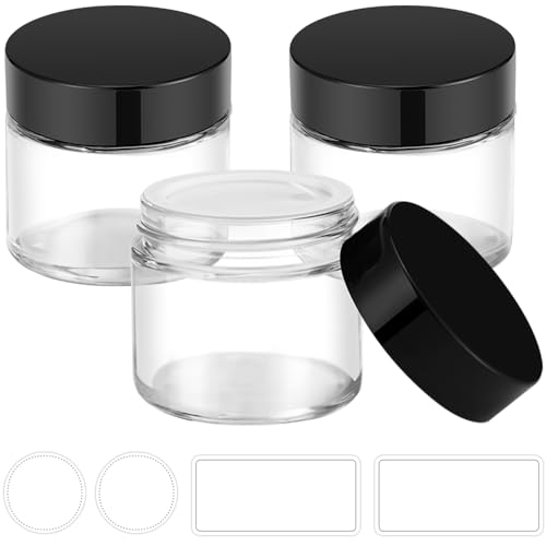 2 oz Glass Jars with Lids, Bumobum 3 pack Clear Small Jar with Black Lids, Blank Labels & Inner Liners, 60 ml Empty Round Cosmetic Containers for Sample, Powder, Cream, Lotion, Spice