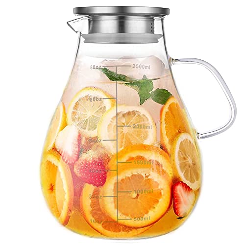 Glass Pitcher with Lid,88 Ounces -2500ml with Precise Scale Line, Hot/Cold Water Jug, Juice and Iced Tea Beverage Carafe with Lid