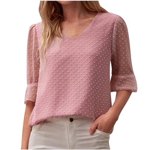3/4 Length Sleeve Womens Tops Solidl Color Swiss Dots Chiffon Blouse Summer V Neck Basic T Shirts Casual Loose Comfy Clothes Pink Blouses
