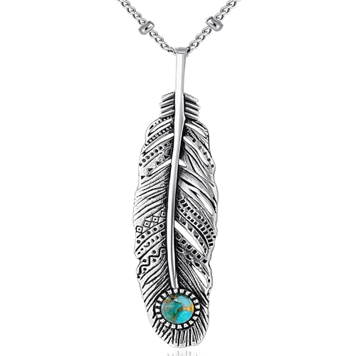 AVECON Turquoise Feather Necklace for Women 925 Sterling Silver Feather Pendant with 5 * 5mmTurquoise Vintage Statement Pendant Necklace for Women