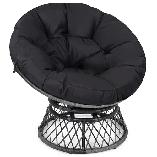 KROFEM 37' Wicker Papasan Circle Chair, 360° Swivel Living Room Chair, Indoor Outdoor Rattan Chair with Thick Cushion, Ideal for Teenagers, Kids, Grey Frame with Black Cushion