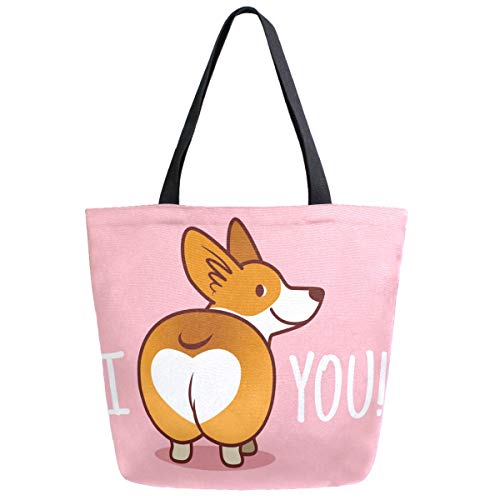 ZzWwR Cute Cartoon Welsh Corgi Dog Butt Heart Extra Large Canvas Market Beach Travel Reusable Grocery Shopping Tote Bag Portable Storage HandBags(Pink)