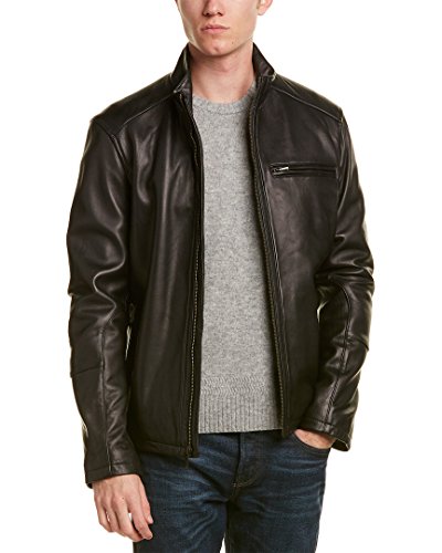 Cole Haan Men's Smooth Lamb Leather Moto Jacket, Black, Large