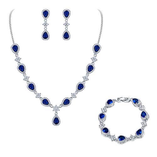 EleQueen Women's Silver-Tone Cubic Zirconia Teardrop Flower Bridal V-Necklace Sets Tennis Bracelet Dangle Earrings Sapphire Color