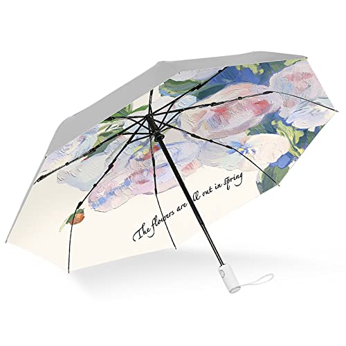 Cuby UV Sun Umbrella Compact Folding Travel Umbrella Auto Open and Close for Windproof, Rainproof & 99.9% UV Protection Parasol with Silver Anti-UV Coating (Silver Rose)