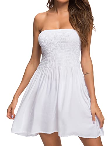 Just Quella Women's Summer Cover Up Strapless Dresses Solid Tube Top Beach Mini Dress (S, White)