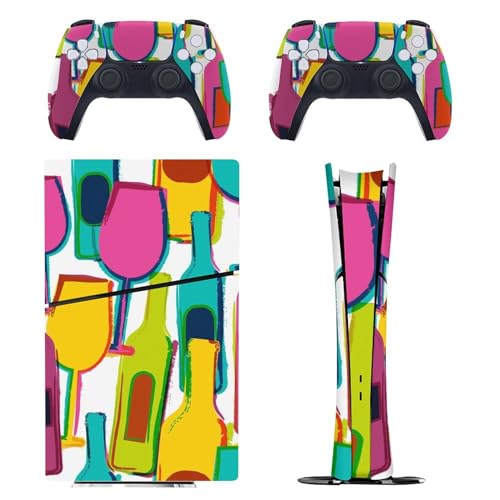 Watercolor Wine Glasses and Bottles Compatible with PS5 Slim Console Skin and Controller Skins Set Full Skin Sticker Cover Compatible with PS5 Digital Edition