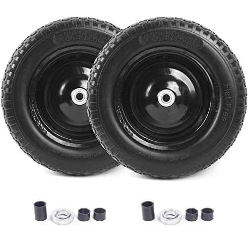 (2-PACK) 4.80/4.00-8' Flat Free Tire and Wheel - Universal Fit 14.5' Solid Wheelbarrow Tires with 3' Hub and 5/8' Bearings – Extra Adapter kit includes 3/4' Ball Bearings, 1' and 1/2' Nylon Spacers