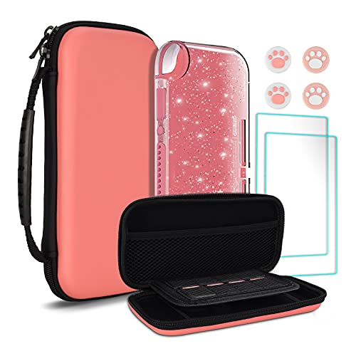 TIKOdirect Carrying Case for Nintendo Switch lite,Shockproof Portable Travel Bag with Large Storage, Glitter Galaxy case, Screen Protectors, Cute Cat Claw Thumb Grips Caps, Coral