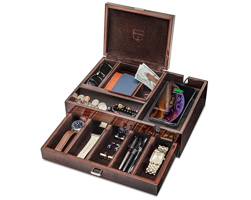 HOUNDSBAY Solid Ash Wood Mens Valet Tray & Mens Jewelry Box Organizer - Dresser Valet - Watch Box Organizer for Men with Large Smartphone Charging Station