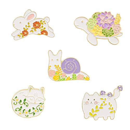 TIDOO Cute Animal Enamel Pin Cats, Foxes, Rabbits, Turtles, Snails with Flower Pattern Anime Pins Aesthetic for Backpacks Clothes Hat (5 Patterned Animals Brooch)