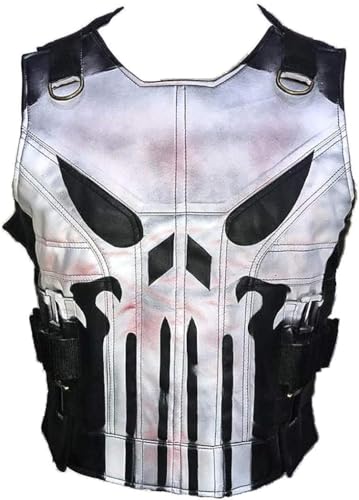 POSHA Punisher Castle Frank Leather Black Tactical Vest - Skull Vest in Real Leather Cosplay Costume Waistcoat Motorcycle Jacket (as1, alpha, l, regular, regular)