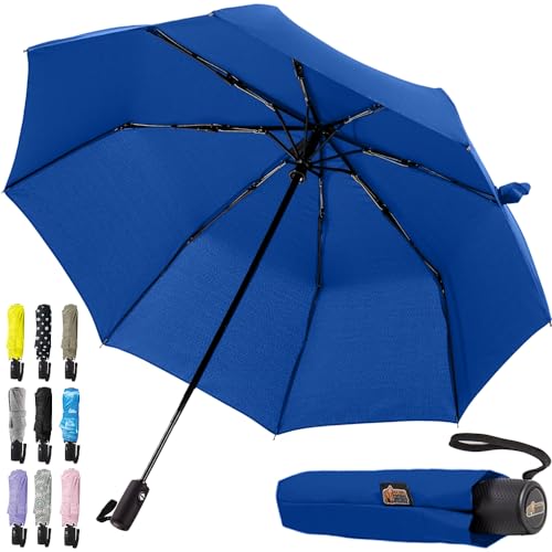Gorilla Grip Windproof Compact Stick Umbrella for Rain, One-Click Automatic Open and Close, Strong Reinforced Fiberglass Ribs, Easily Collapsible, Lightweight Portable Umbrellas for Travel, Navy