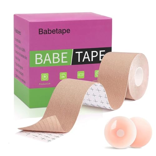 Breast Lift Tape, Sticky Boob Tape for Large Breast Self Adhesive Breast Tape with 2 pcs Reusable Nippleless Covers Beige