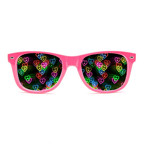 Ultimate Diffraction Glasses - 3D Rainbow Heart Effect with Pink Frames - Great Edm, Concert, and Rave Accessory