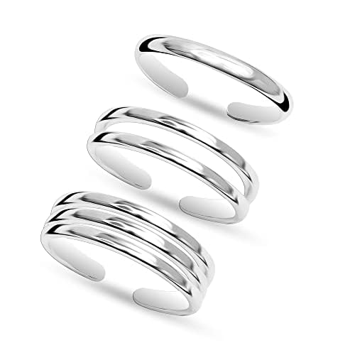 LeCalla 3 Pcs 925 Sterling Silver Minimalist Thin Band Ring Open Adjustable Toe Rings for Women