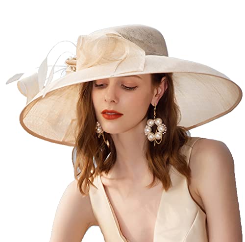 RETRONLY Rhinestones Kentucky Derby Fascinator Hats for Women Large Brim Sinamay Fascinators Bowknot Cloche Hat Beige