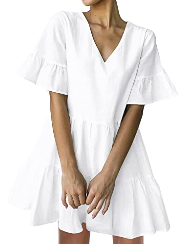 FANCYINN Womens White Cute Shift Dress Short Bell Sleeve Ruffle Hem V Neck Loose Swing Tunic Mini Dress with Pockets XL