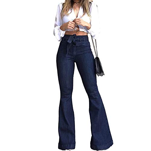 Pantete Womens High Waisted Bell Bottom Jeans Denim High Rise Flare Jean Pants with Wide Leg and Belt Blue