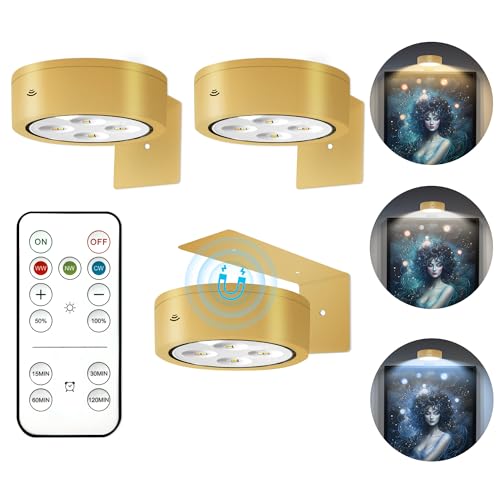 3Pcs Battery Operated Picture Light, Magnetic Led Painting Light with Remote Dimmable and Timer, 3 Lighting Modes Art Display Light for Picture Frame Paintings, Wireless Wall Decor Puck Lights, Gold