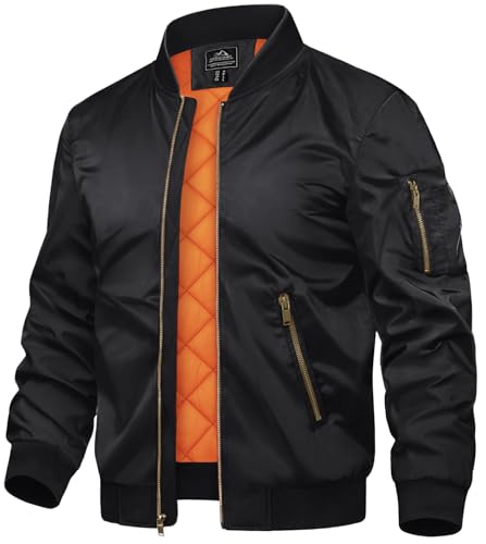 TACVASEN Black Bomber Jacket Men Lightweight Winter Windbreaker Zip Up Softshell Coats Outwear Black, XL