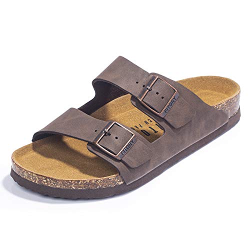 FITORY Mens Sandals, Arch Support Slides with Adjustable Buckle Straps and Cork Footbed Brown Size 10