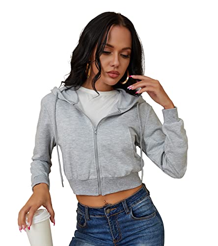 milanpavilion Women's Zip Up Hoodies Grey Cropped Cardigan Jacket Drawstring Hooded Sweatshirts Casual Long Sleeve Top Medium
