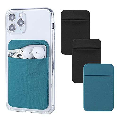 3Pack Cell Phone Card Holder Pocket for Back of Phone,Stretchy Lycra Stick on Wallet Credit Card ID Case Pouch Sleeve Self Adhesive Sticker with Flap for iPhone Samsung Galaxy-2Black+1Teal Green