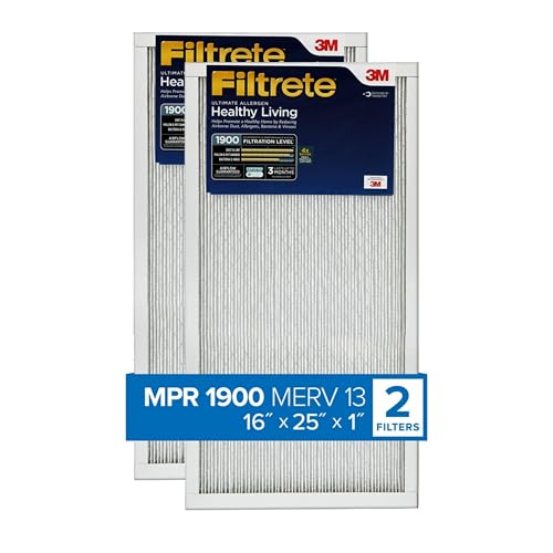 Filtrete 16x25x1 AC Furnace Air Filter, MERV 13, MPR 1900, Premium Allergen, Bacteria&Virus Filter, 3-Month Pleated 1-Inch Electrostatic Air Cleaning Filter, 2-Pack (Actual Size 15.719x24.72x0.78 in)