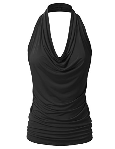 EIMIN Women's Casual Halter Neck Draped Front Sexy Backless Tank Top Black M